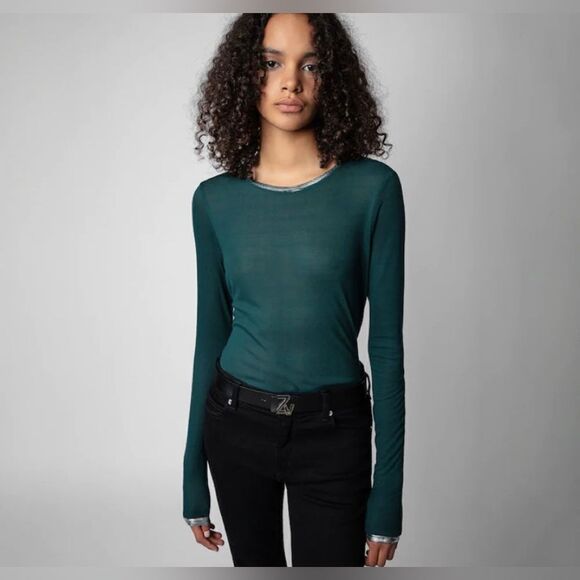 Zadig & Voltaire Willy foil silver Long sleeve top color Peacock Sz Large. NWT - Picture 7 of 7